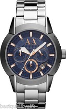 ARMANI EXCHANGE SILVER TONE+BLUE,ROSE GOLD CHRONOGRAPH DIAL+DATE WATCH AX1176