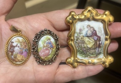 3 Vintage Porcelain Courting Couple Limoges Brooch Pendant Frame