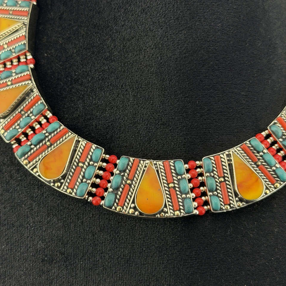 Ethnique beau collier ras du cou tibétain ambre turquoise corail incroyable - Photo 2/4
