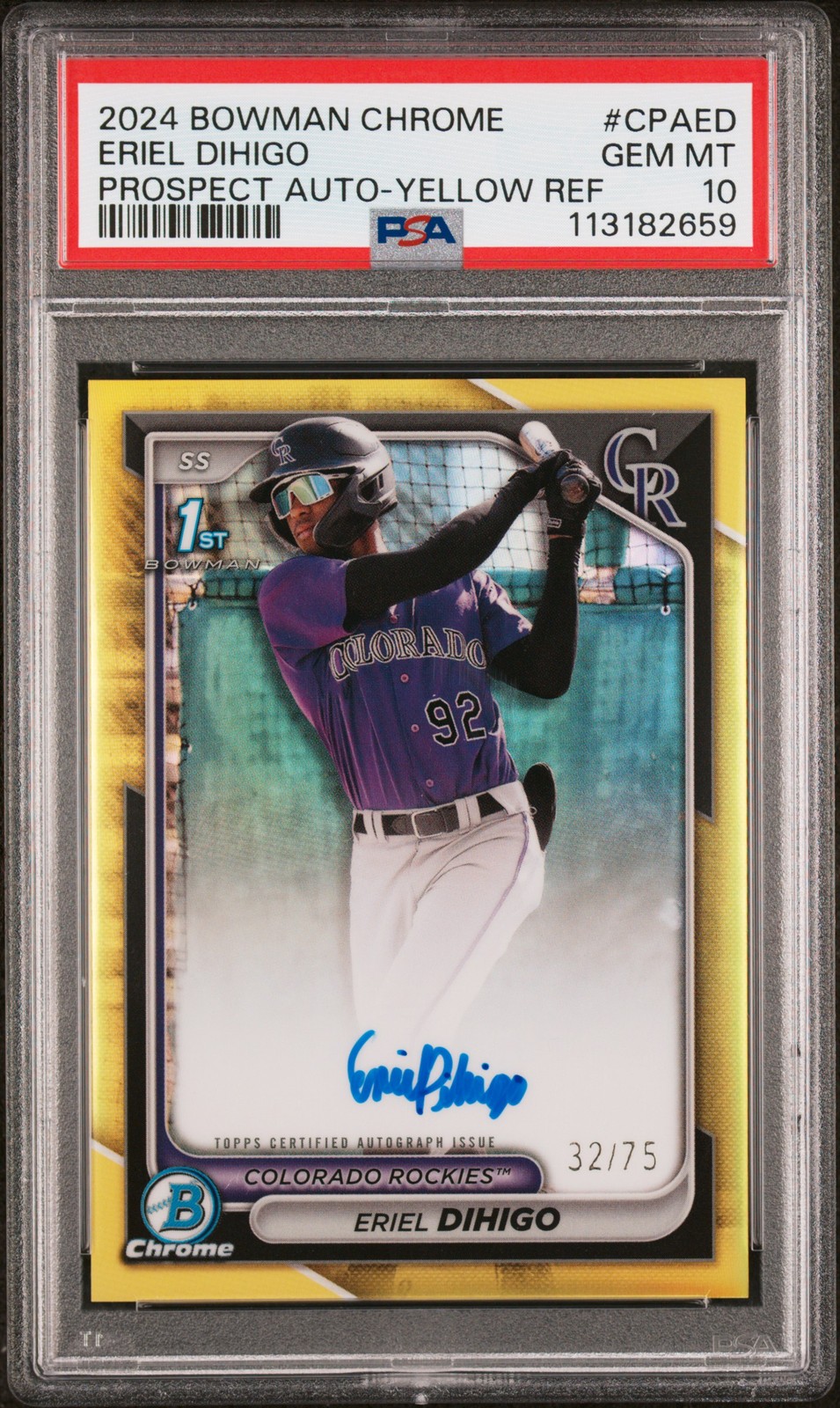 2024 Bowman Chrome Auto Yellow Ref #/75 #CPAED Eriel Dihigo PSA 10 Rockies RC