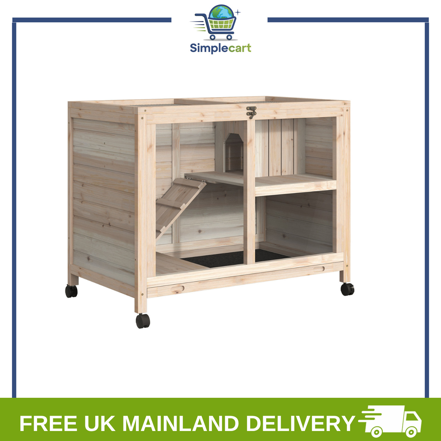 Rabbit Hutch Indoor, Wooden Bunny Cage w/ Wheels & Openable Roof, Natural