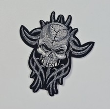 Scary Embroidered Iron On Skull Patch - Horned Fire Gothic Biker Halloween