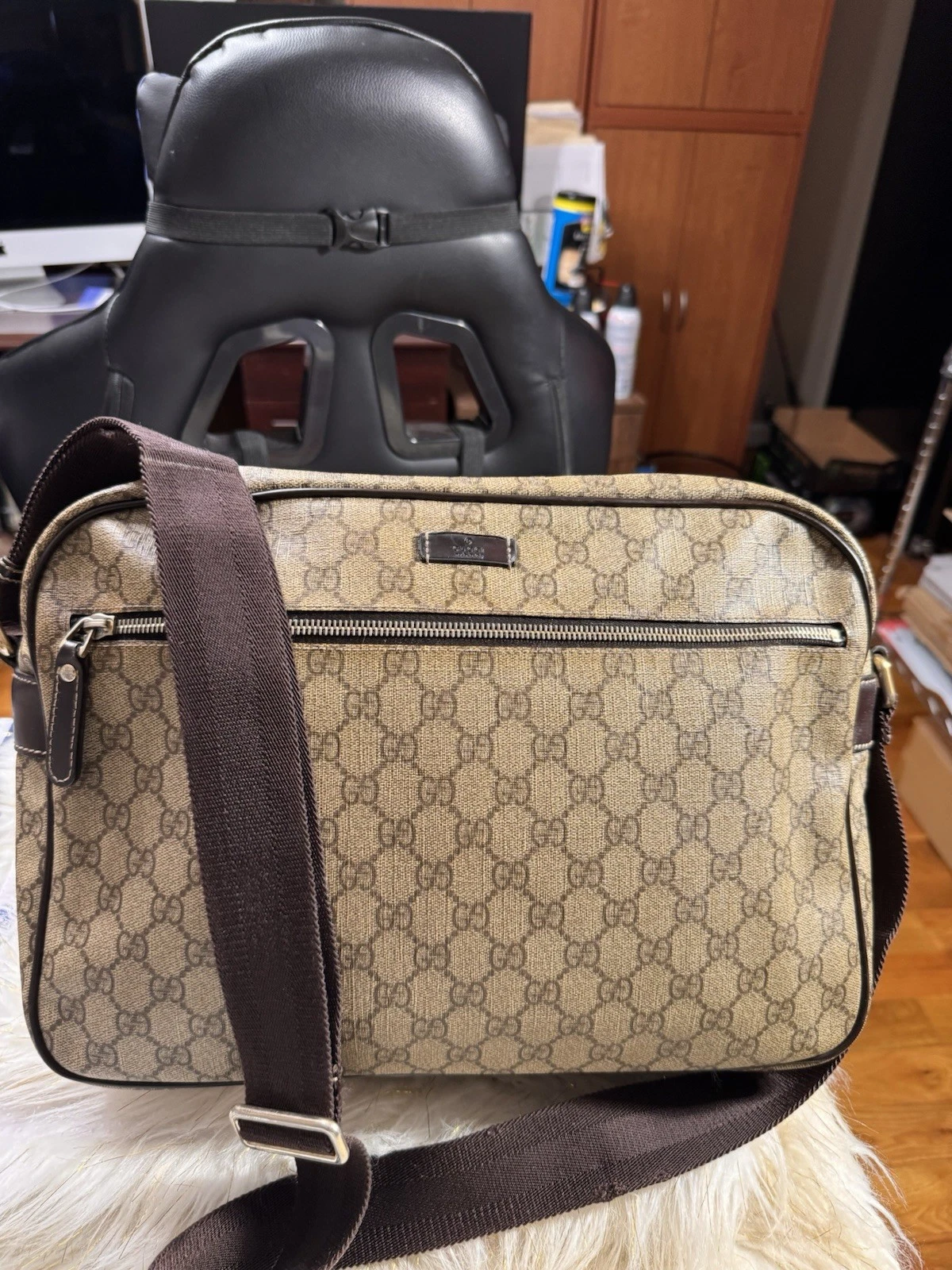 Autentica borsa a tracolla Gucci GG tela pelle grande marrone unisex