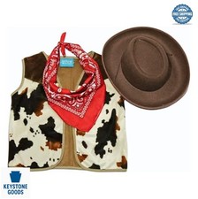 Kids Cowboy Costume Set Vest Hat Bandana Brown Cow Print Halloween Rodeo Dress