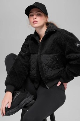 ジャケット・アウター black color mouton short jacket ALO New Collection Thickened Warm Lamb Fleece Short Jacket w/Stand