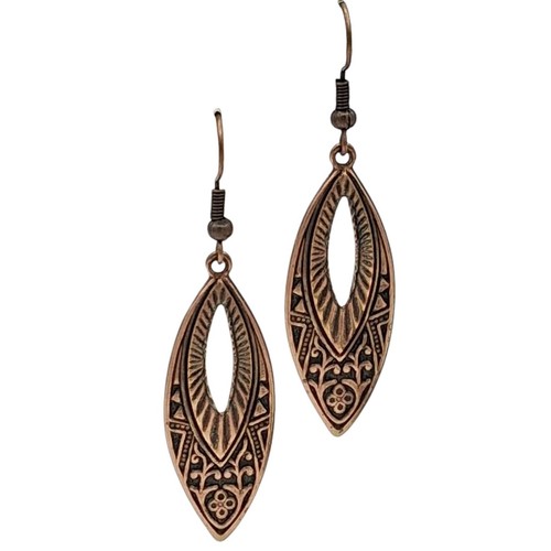 Copper Tone Embossed Earrings Faux Patina Gold Tone Fishhooks 2" VGC Boho Design