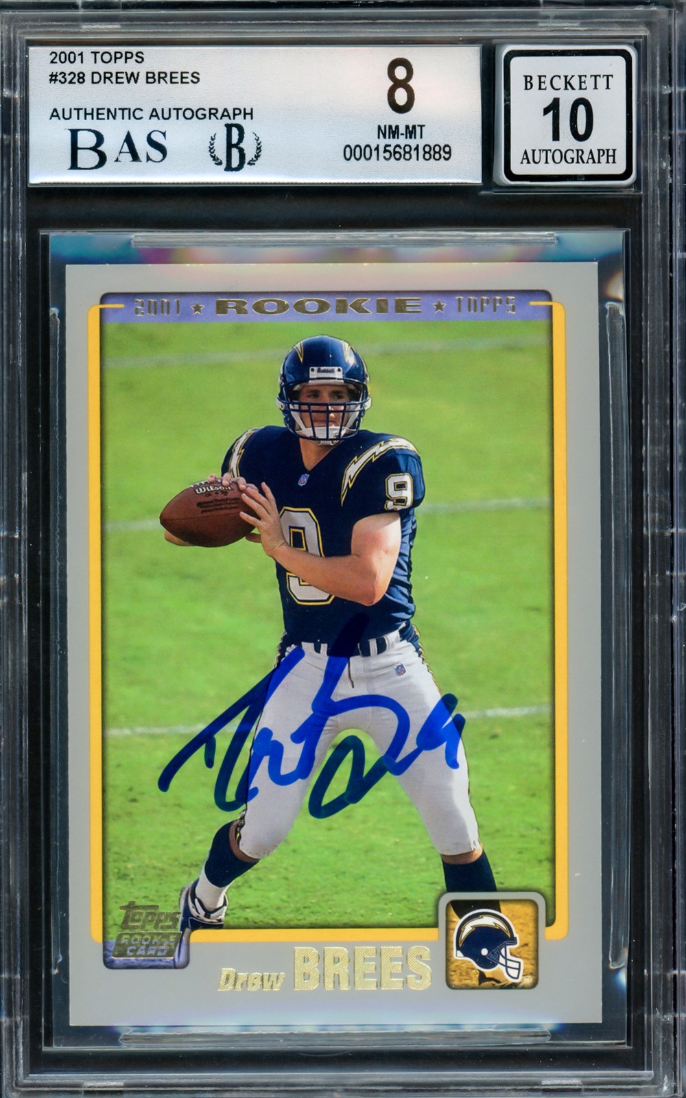 Drew Brees Signed 2001 Topps RC 328 San Diego Chargers BGS 8 Auto GM 10 Beckett