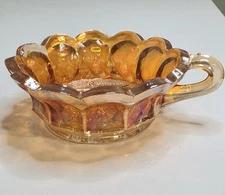 Vintage Indiana Glass Carnival Grape Pattern Iridescent Handled Bowl Marigold