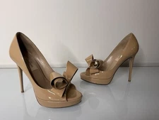 VALENTINO Couture Patent Platform Open Top Pump Heel Shoes Bow Nude 36 EU