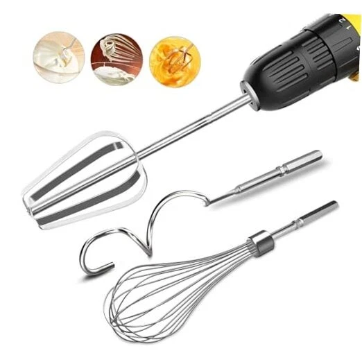 3-Piece Stainless Steel Hand Mixer Attachment Set - Whisk, Dough Hook, 7.5inch