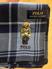 NEW Polo Ralph Lauren Bear Handkerchief Scarf Blue Plaid design Japan WOW