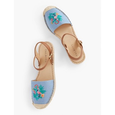 Talbots Womens 8 Blue Izzy D Orsay Embroidered Chambray Espadrille Sandals NEW