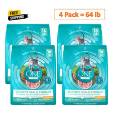 4 Pack,Purina ONE +Plus Sensitive Skin and Stomach Turkey Dry Cat Food,16 lb Bag 1.19 per pound
