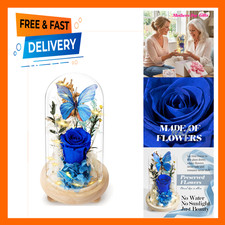 Preserved Rose with Light in Glass Dome Blue Romantic Gift for Mom Wife