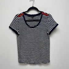 Talbots Womens Blue White Striped Embellished Button Scoop Short Sleeve Top S