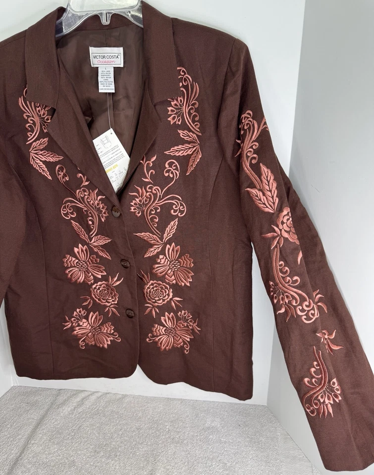 Victor Costa Mujer QVC NUEVO CON ETIQUETAS Marrón Traje Chaqueta Bordado Floral Follaje En Rosa Foto 4 de 4