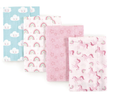  Baby  Girl Flannel Burp Cloths Lot of 4 Unicorns Rainbow Stars Clouds  NIP