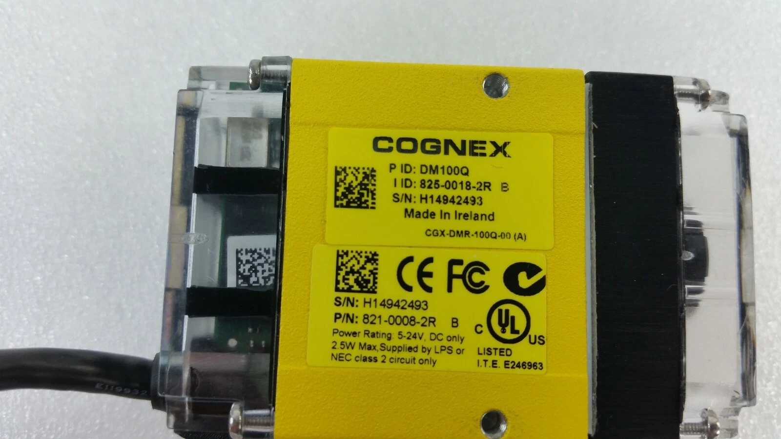 Close-up of Cognex DM100Q labels, CGX-DMR-100Q-00, made in Ireland