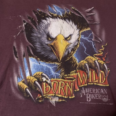 Vintage Born Wild American Biker 3D Emblem 1992 T-Shirt Size L 90s 