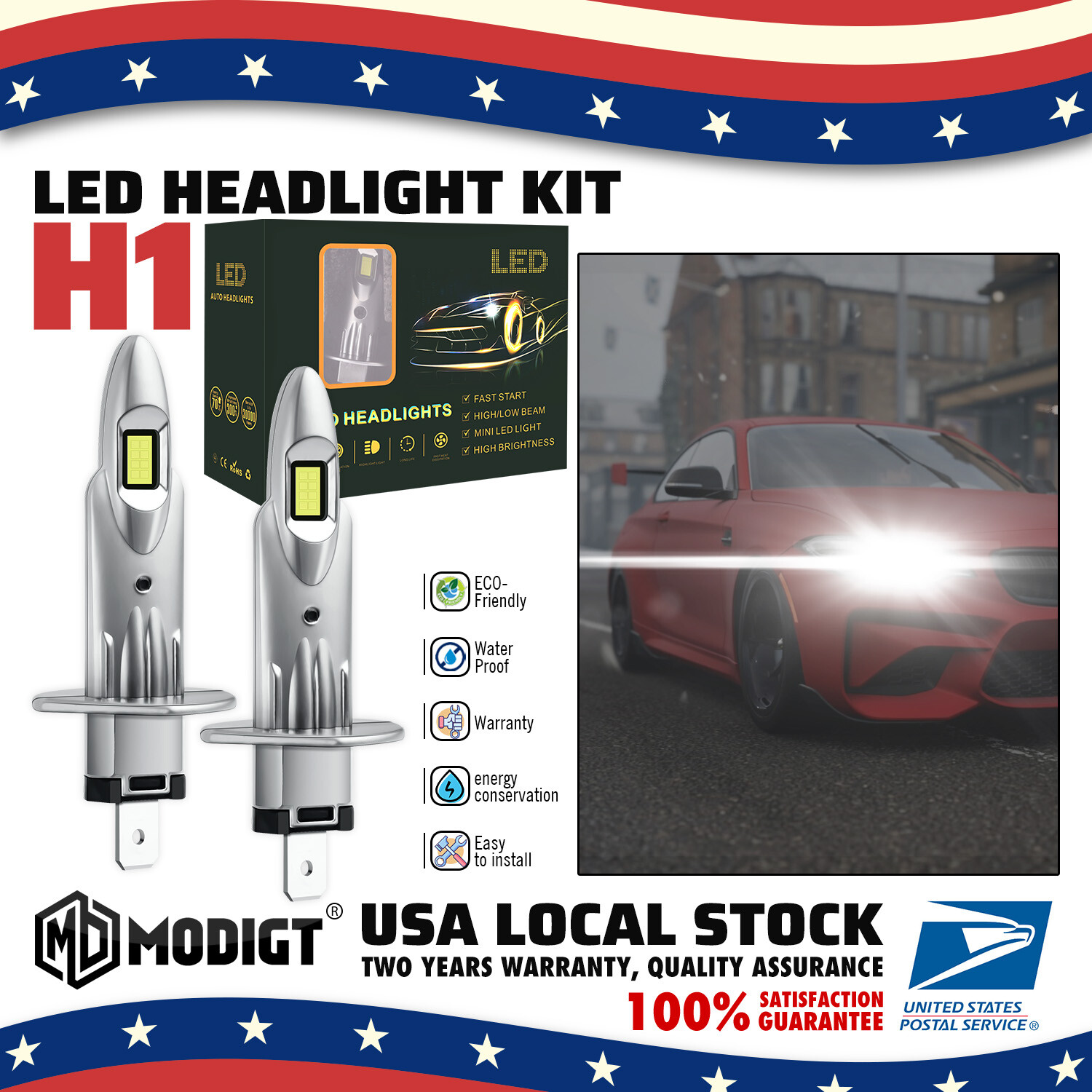 H1 Super Bright Bulbs LED Headlights 15000LM 21W High/Low Beam 6000K White 2X
