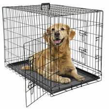 36"Black Folding Dog Crate Metal Pet Cage 2 Door With Tray Pan Kennel