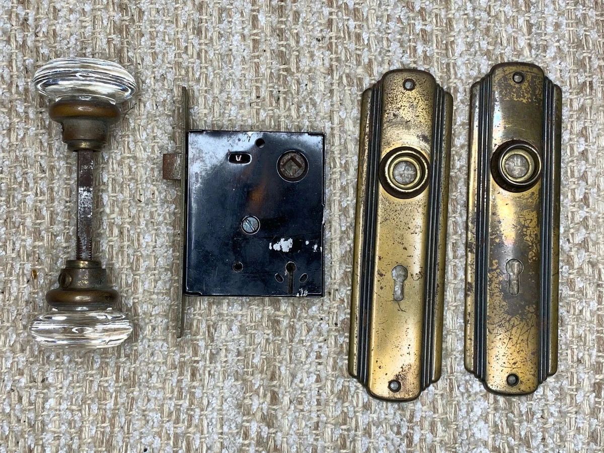 Antique Interior Mortise Lock, Glass Door Knobs & Brass Finish