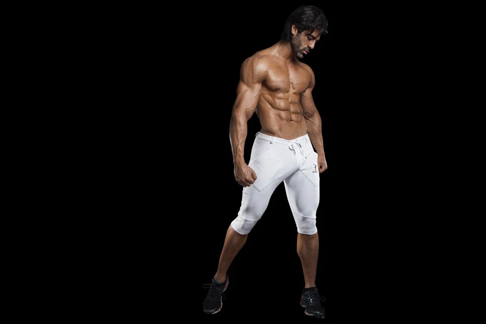Pantalones de yoga DEMIG blancos para hombre deportivos 3/4 cintura elástica entrenamiento joggers  Foto 4 de 4