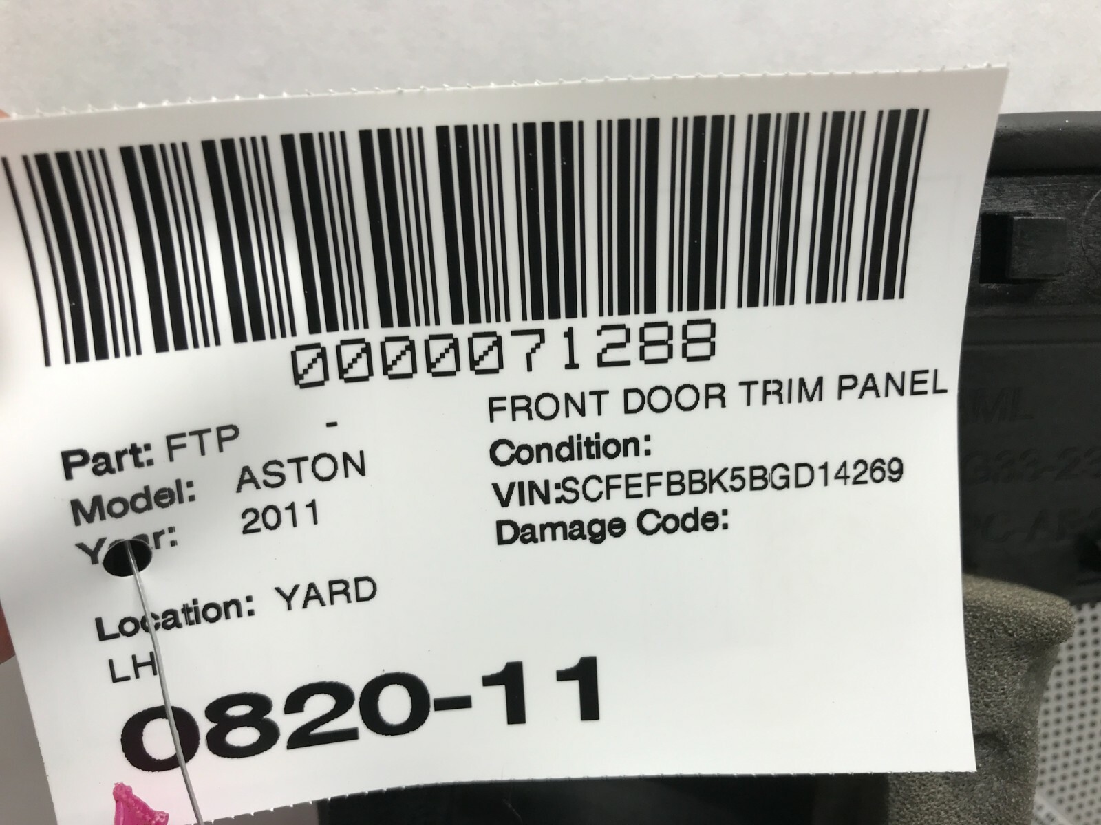 07-16 ASTON MARTIN V8 VANTAGE DOOR PANEL LEFT DRIVER SIDE OEM BLACK LEATHER 