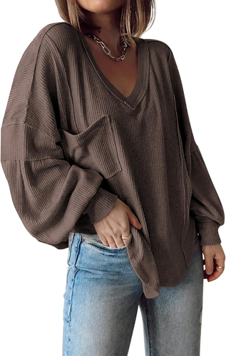 Women'S Casual V Neck Ribbed Knit Shirts 2025 Fall Pullover Tunic Tops Loose Bal