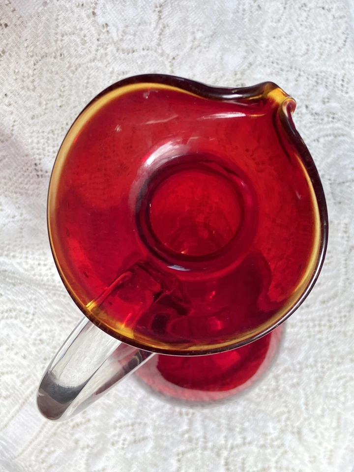 Jarra de vidrio Bischoff aspecto Blenko rojo rubí decoración mediados de siglo amberina mandarina Foto 2 de 4