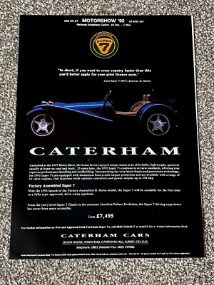 Vintage Sammlerstück 1992 Zeitschrift Werbung Kunst Bild Caterham Super 7 Autoanzeige