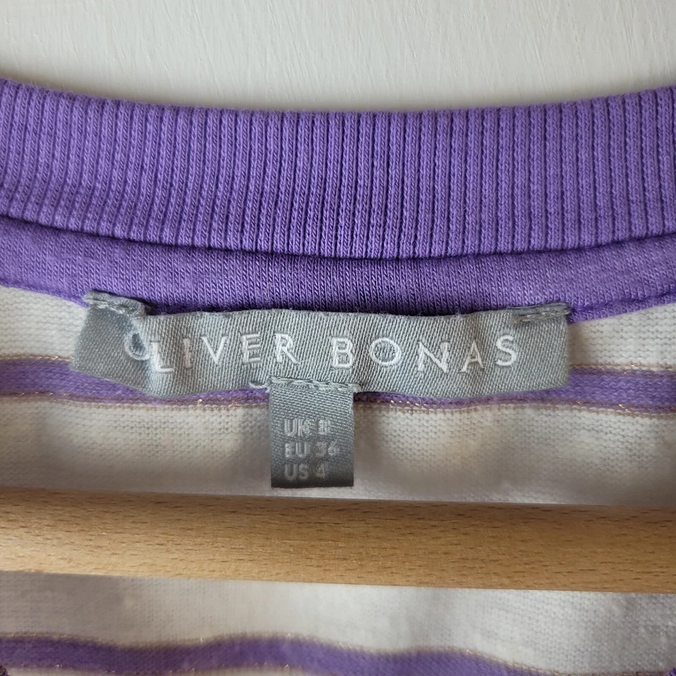 Oliver Bonas Women 8 White Purple Stripe Linen Blend T-shirt Top Casual Relaxed - Image 3 of 4