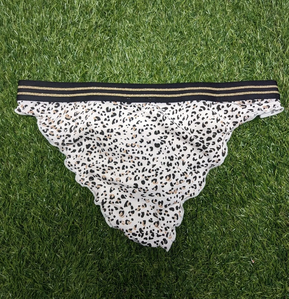 Bikini para mujer H&M blanco estampado de leopardo brillo dorado con volantes talla 10 nuevo con etiquetas Foto 3 de 4