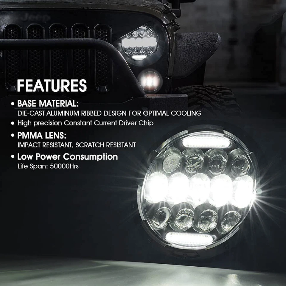 Pair for 1955-1957 Chevy Bel Air 7" Inch LED Headlights w/ Halo Angel Eyes DRL - Image 3 of 4