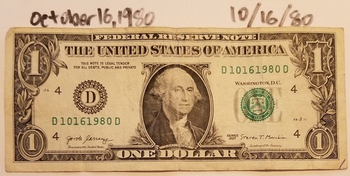 Birthday Note October 16, 1980 $1 Dollar Bill Fancy Serial Number Series 2017 D - Picture 4 of 4