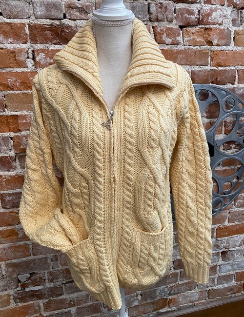 Aran Craft Sunlight Yellow Merino Wool Zip Front Cardigan Sweater w/  Pockets New