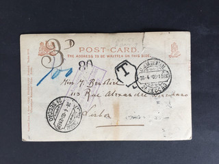 GB 1903 MANUSCRIPT 3d DUE MARK ON POSTCARD TO LISBON