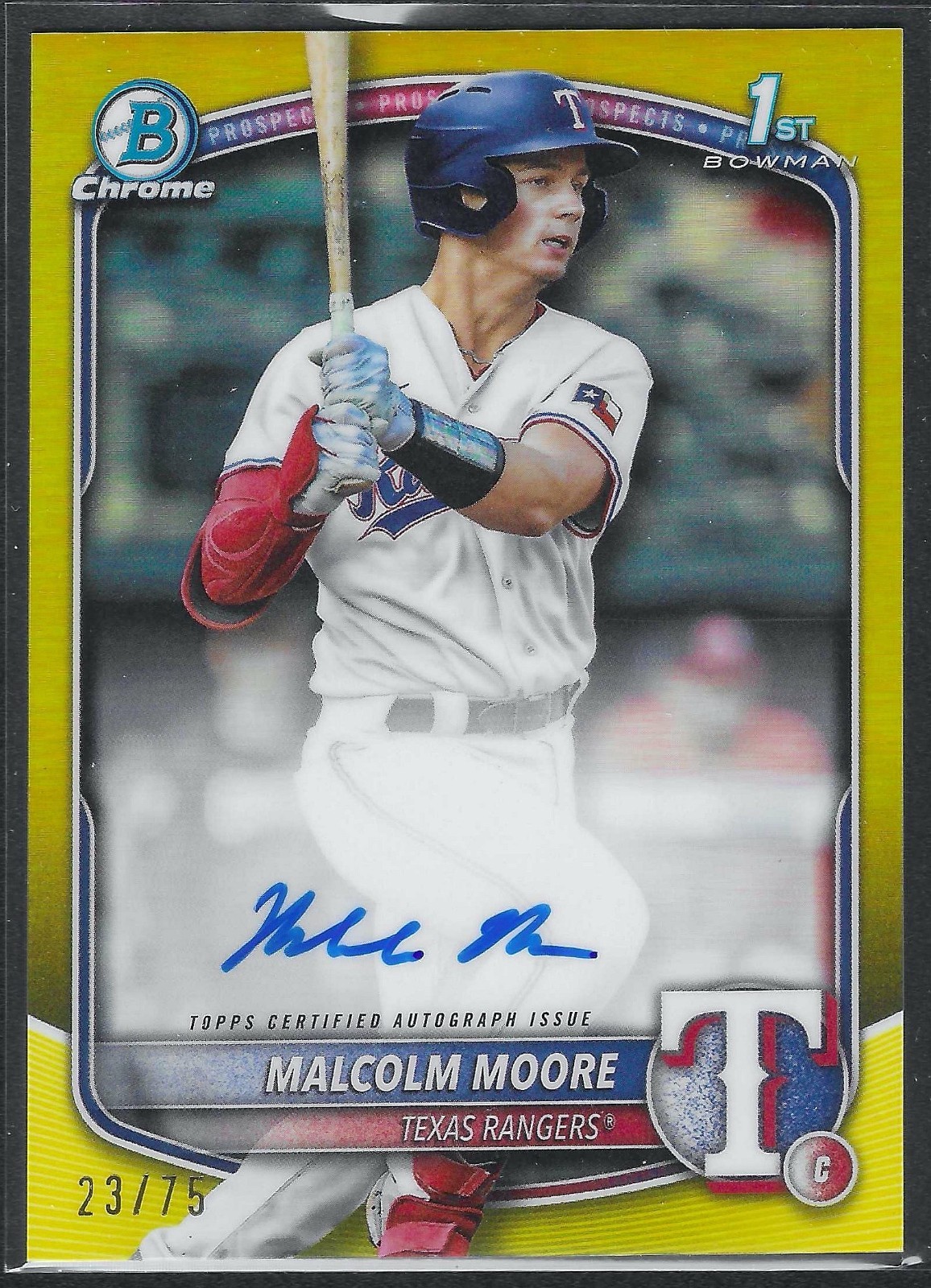 2025 Bowman Malcolm Moore Chrome 1st Prospect Yellow Auto # /75 Texas Rangers
