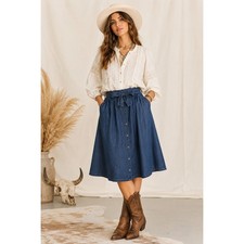 Vintage Denim Midi Skirt Western Boho Buttonfront Tie Pleated Cottagecore 10 90s