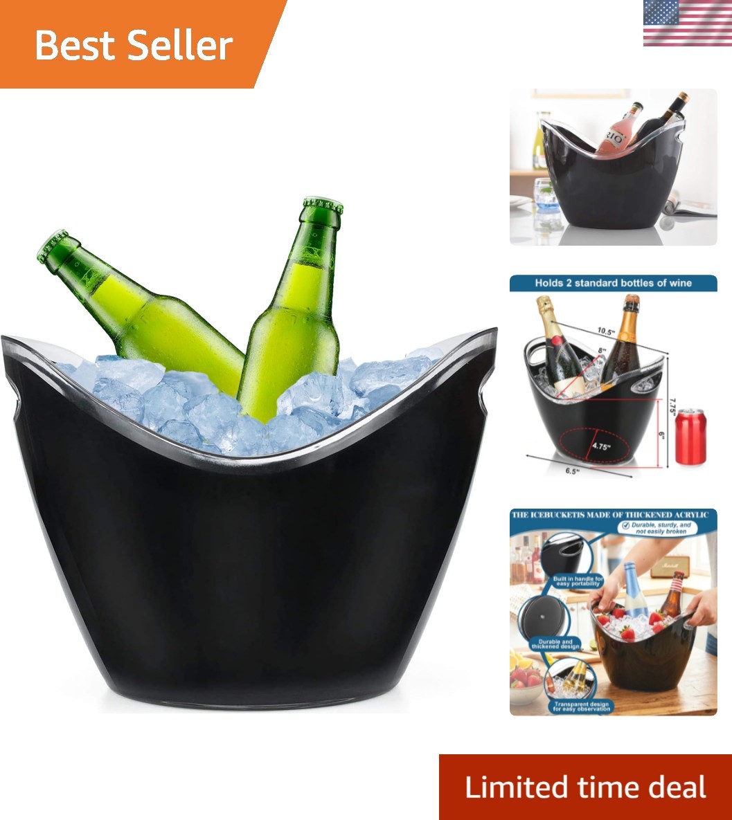 Ice Bucket, 3.5 L Black Plastic Party Bottle Chiller - 10.5 x 8 x 7-3/4 Inch ...