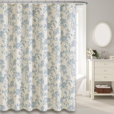 Blue Shower Curtain Floral Cotton Linen Cottagecore Shower Curtain for Bathro...