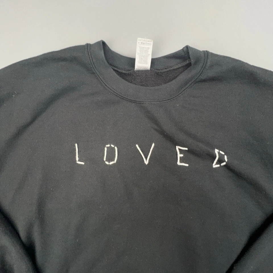 Sweatshirt Loved Womens Large Black Handmade Embroidery Messy Y2K Minimalist - Image 3 of 4