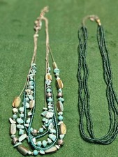 Faux Turquoise And Shell Beaded Necklace Set 16" With Coordinating Beade Necklac
