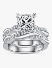 ANU CLUB 925 Sterling Silver Princess Moissanite wedding Ring Set 3.00ctw GRA 