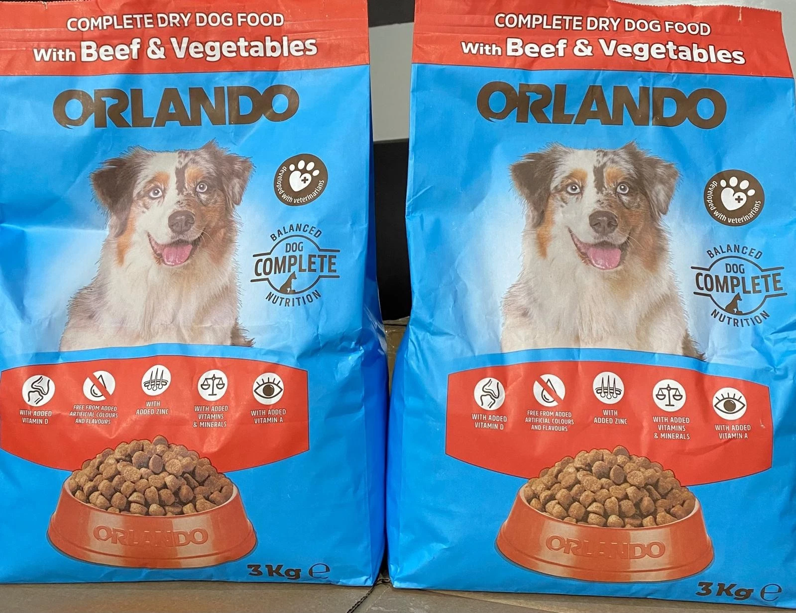 Orlando Dry Adult Dog Food 2x Bags of 3kg (6kg) Beef & Vegetables 100% Nutrition