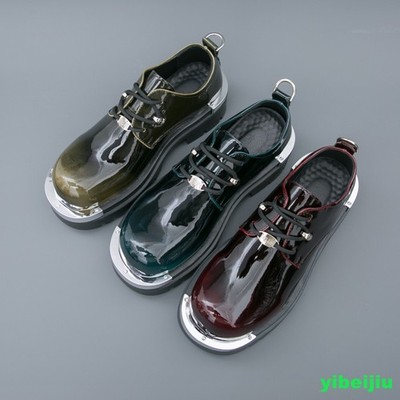 Mens Glossy Shiny Leather Derby Dress Shoes Platform Metal Big Round Toe Wedding