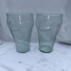 Vintage Coca Cola Coke Glass Coke 32 oz Large  Green Pebble Glass 7" tall Set 2