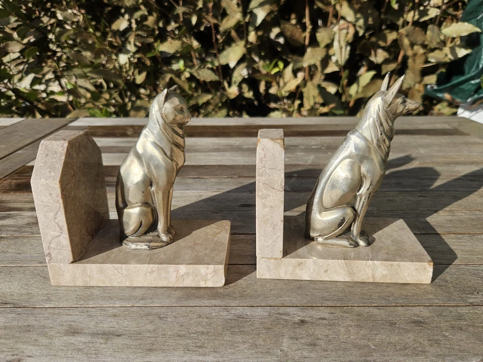 Paire de serre livres Art Deco de Georges Rigot Chien et Chat Regule et marbre - Photo 4/4