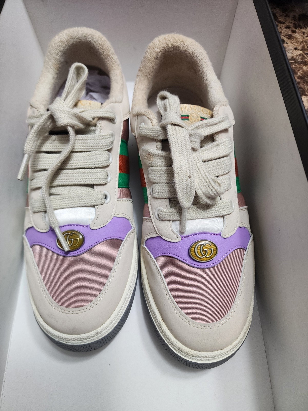 Gucci Women Lace Up Logo Double G Sneakers Size 39 1/2 Beige Color Box/Dust Bag