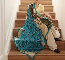 Beautiful 35" Peacock Silk Square Scarf - Large Head Neck Bag Wrap